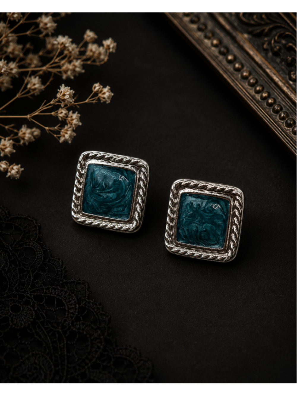 Vintage Coro Teal Enamel Square Stud Earrings Silver Tone Rope Frame